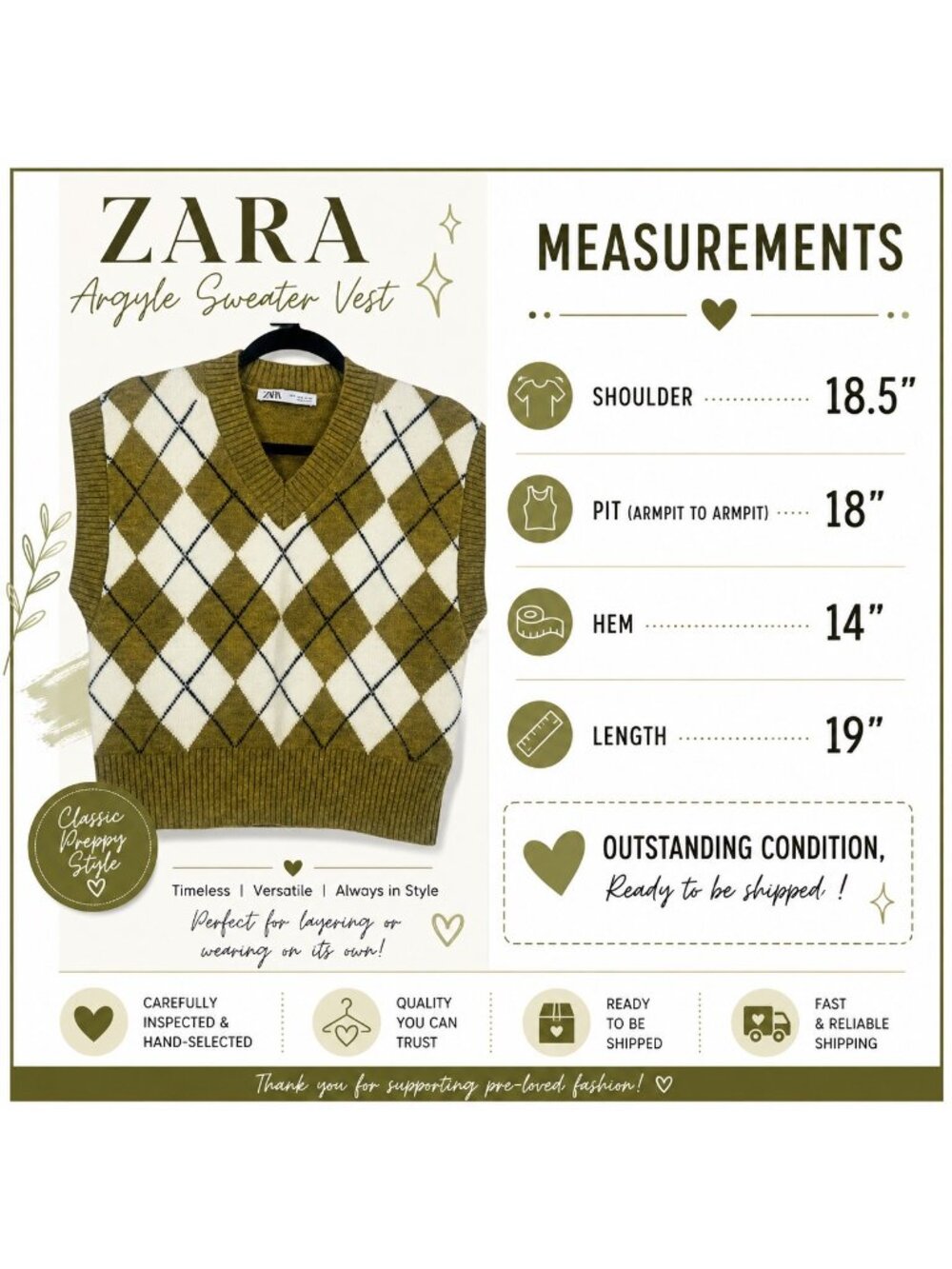 Zara Olive Green Argyle Sweater Vest Womens Small V-Neck Knit Preppy Cottagecore - Picture 7 of 7